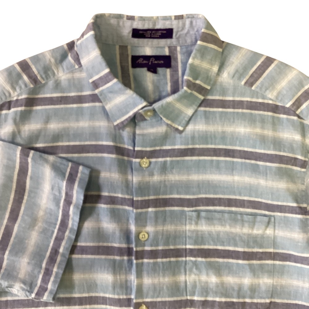 Alan Flusser Mens XL Blue‎ Striped Linen Cotton Short Sleeve Button Down Shirt